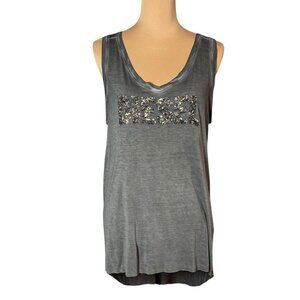 Diesel Y2K Tank Top Sz.M Gray Sequin Text Relaxed Longline Grunge Streetwear